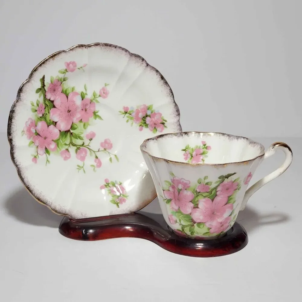 Gladstone Teacup and Saucer Pink Flowers Vintage